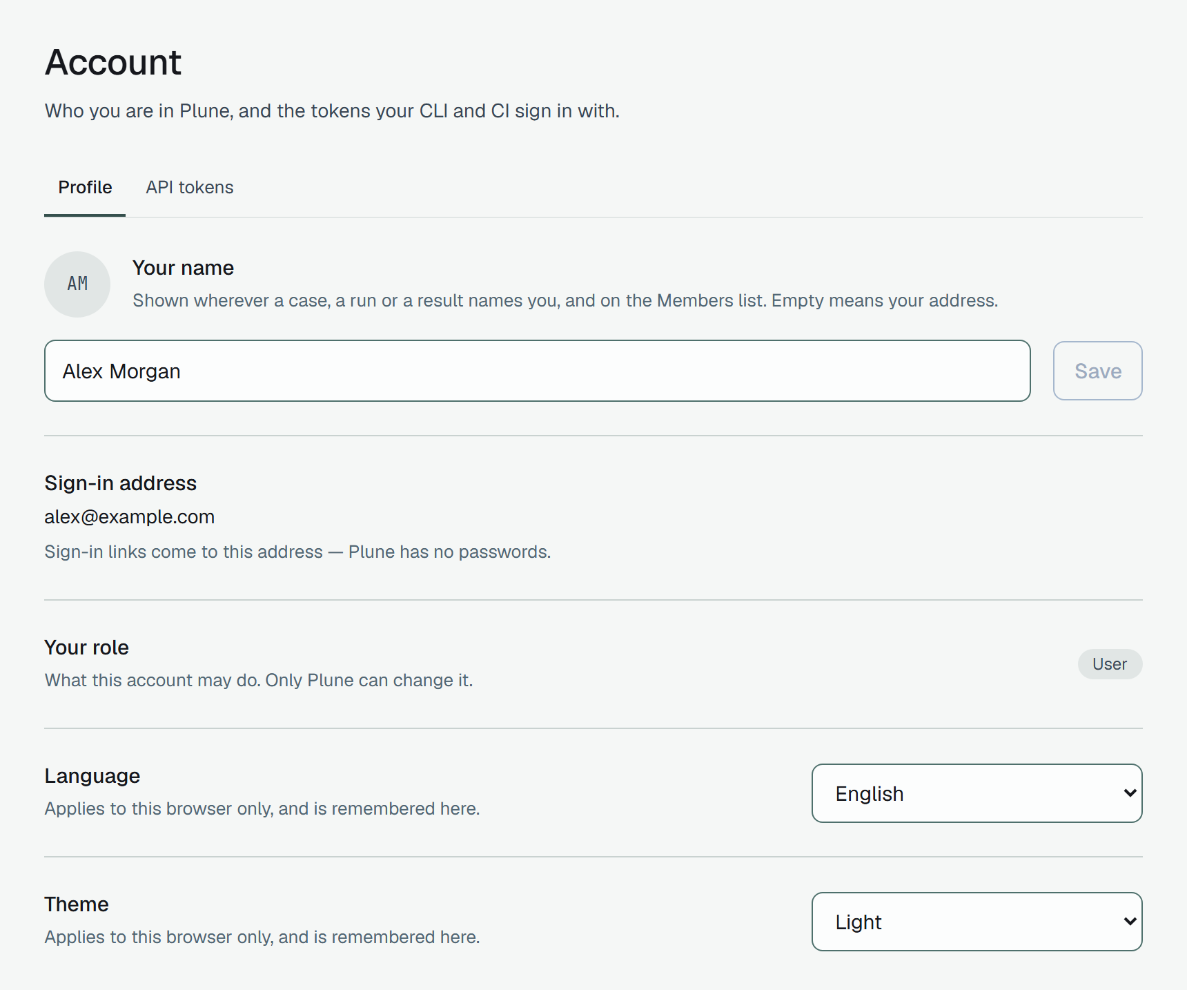 The Profile tab: the name Alex Morgan beside the initials AM with a Save button, the sign-in address alex@example.com, the role User, and the Language and Theme selects.