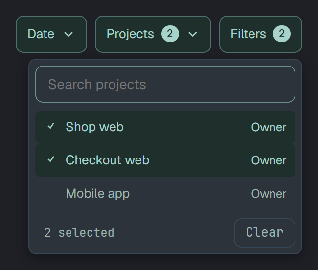 The Projects list open under its button, Search projects on top: Shop web and Checkout web ticked, Mobile app not, each marked Owner; at the foot 2 selected and Clear. The buttons above read Projects 2 and Filters 2.