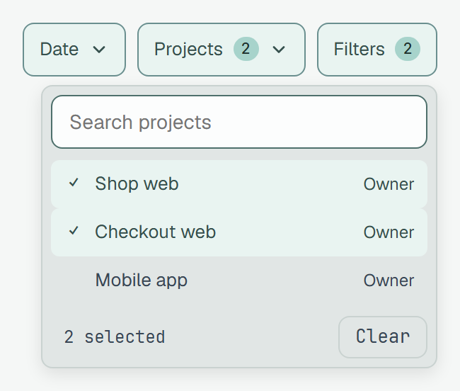 The Projects list open under its button, Search projects on top: Shop web and Checkout web ticked, Mobile app not, each marked Owner; at the foot 2 selected and Clear. The buttons above read Projects 2 and Filters 2.