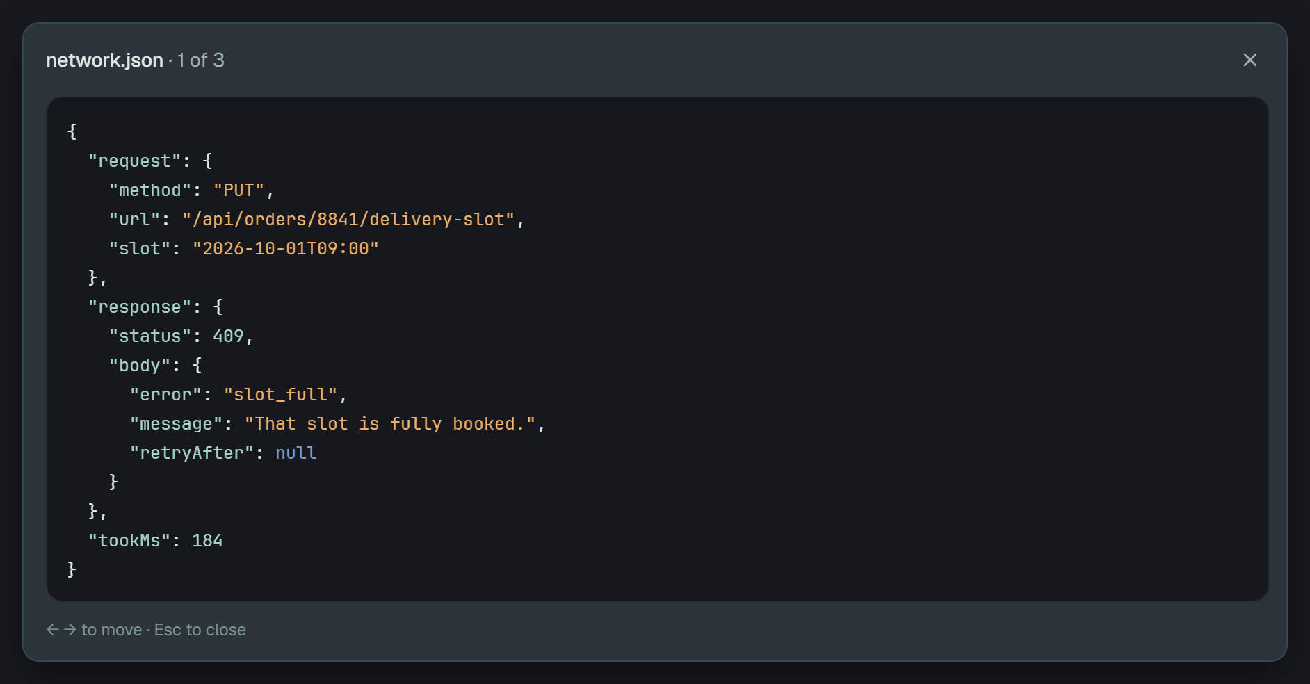network.json open in a window over the panel: network.json · 1 of 3 and a close button on top; the JSON indented by two spaces, its keys, strings, numbers and null each in a colour of its own; and ← → to move · Esc to close beneath.