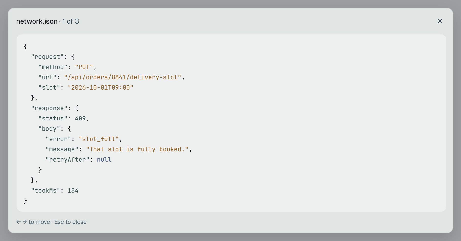 network.json open in a window over the panel: network.json · 1 of 3 and a close button on top; the JSON indented by two spaces, its keys, strings, numbers and null each in a colour of its own; and ← → to move · Esc to close beneath.