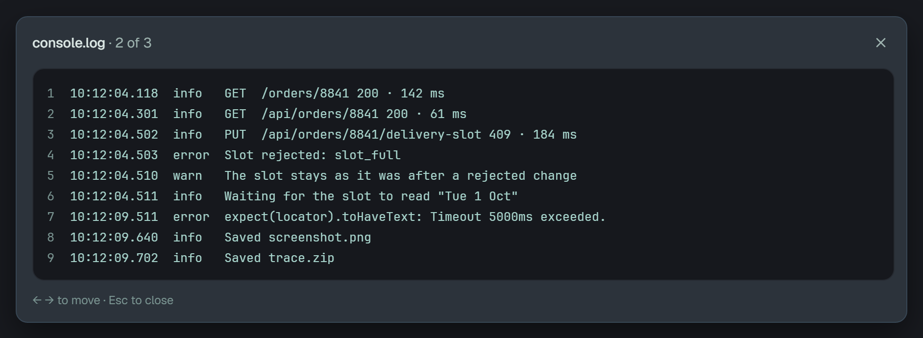 console.log open in the same window: console.log · 2 of 3, and nine lines of a log, each with its number beside it.