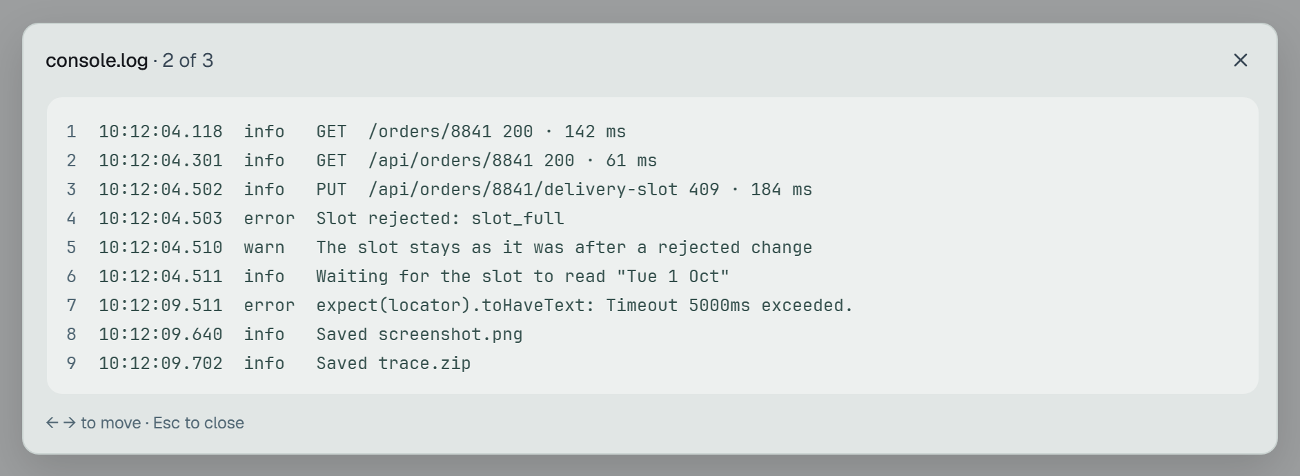 console.log open in the same window: console.log · 2 of 3, and nine lines of a log, each with its number beside it.