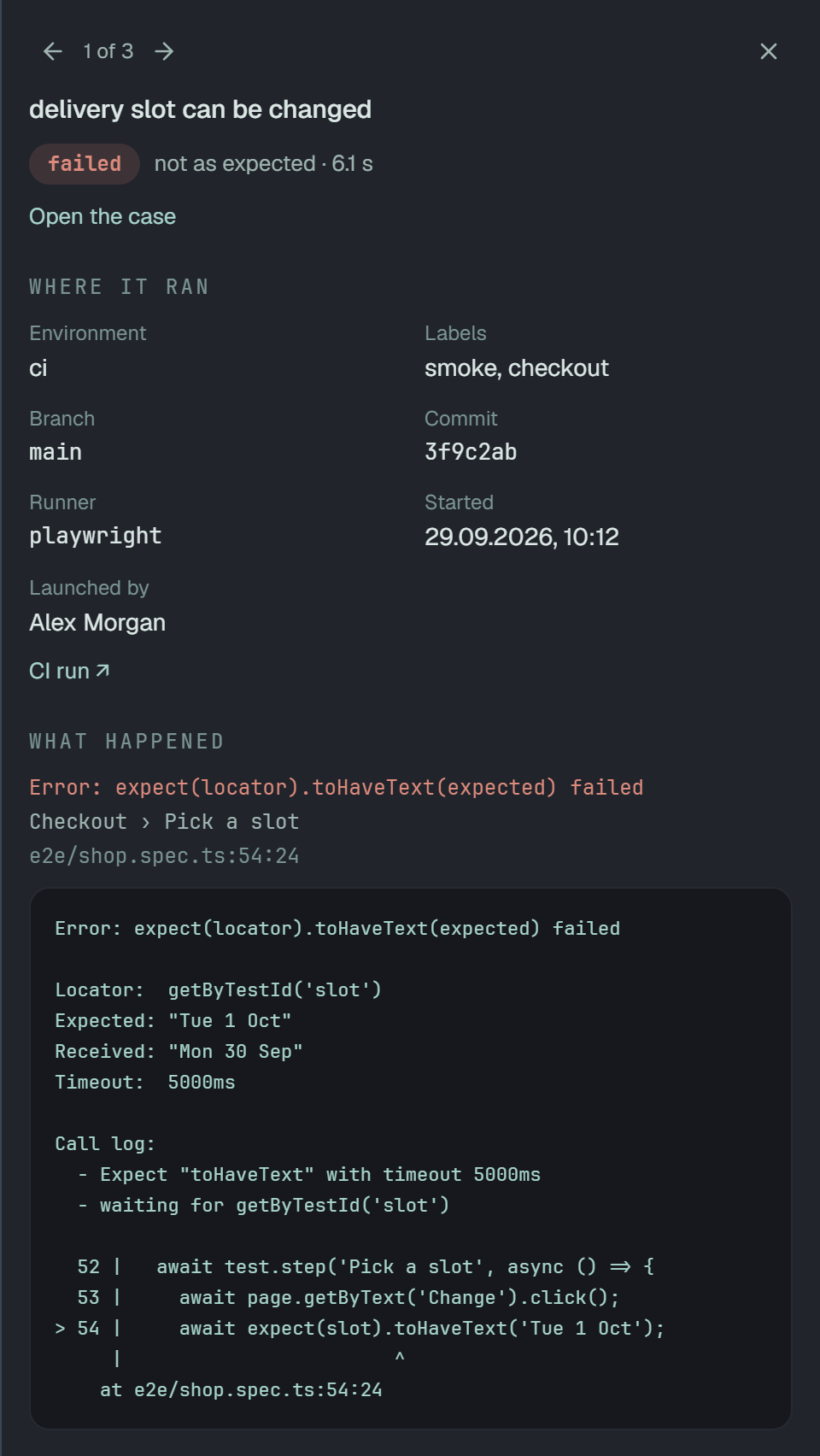 The panel of delivery slot can be changed. At the top ‹ 1 of 3 › and a close button, then the case's name, failed, not as expected · 6.1 s, and Open the case. Where it ran: Environment ci, Labels smoke and checkout, Branch main, Commit 3f9c2ab, Runner playwright, Started 29.09.2026, 10:12, Launched by Alex Morgan, and a link to the CI run. What happened: the error's first line, Checkout › Pick a slot, e2e/shop.spec.ts:54:24, and the whole error text in a box.