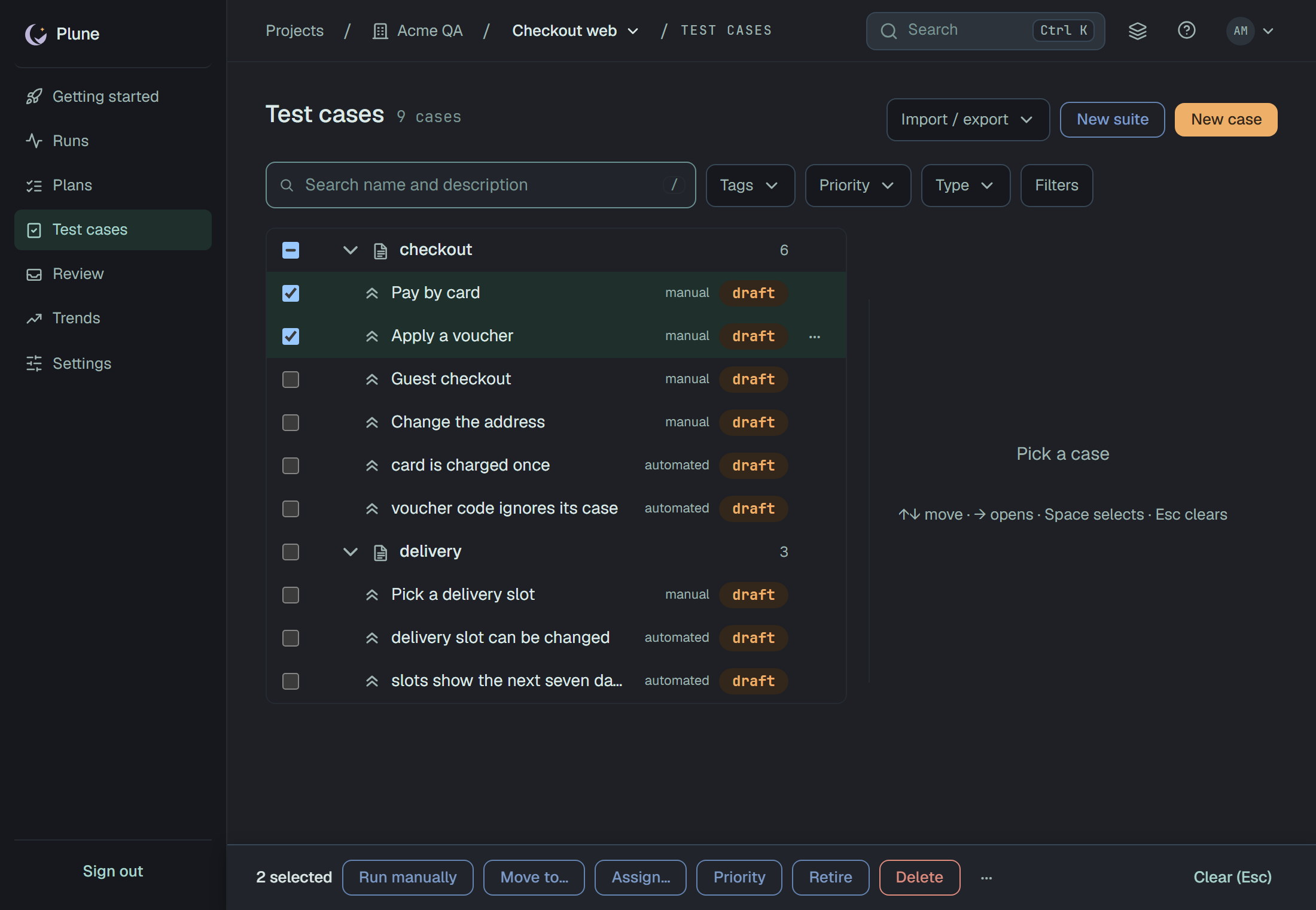 Test cases of Checkout web, 9 cases: the checkout suite, 6, half-ticked, with Pay by card and Apply a voucher picked, then Guest checkout and Change the address, manual, and card is charged once and voucher code ignores its case, automated; the delivery suite, 3 — Pick a delivery slot, manual, delivery slot can be changed and slots show the next seven days, cut short, automated; every case a draft. Beside the tree, Pick a case. On the window's bottom edge the bar: 2 selected, Run manually, Move to…, Assign…, Priority, Retire, Delete, ⋯ and Clear (Esc).
