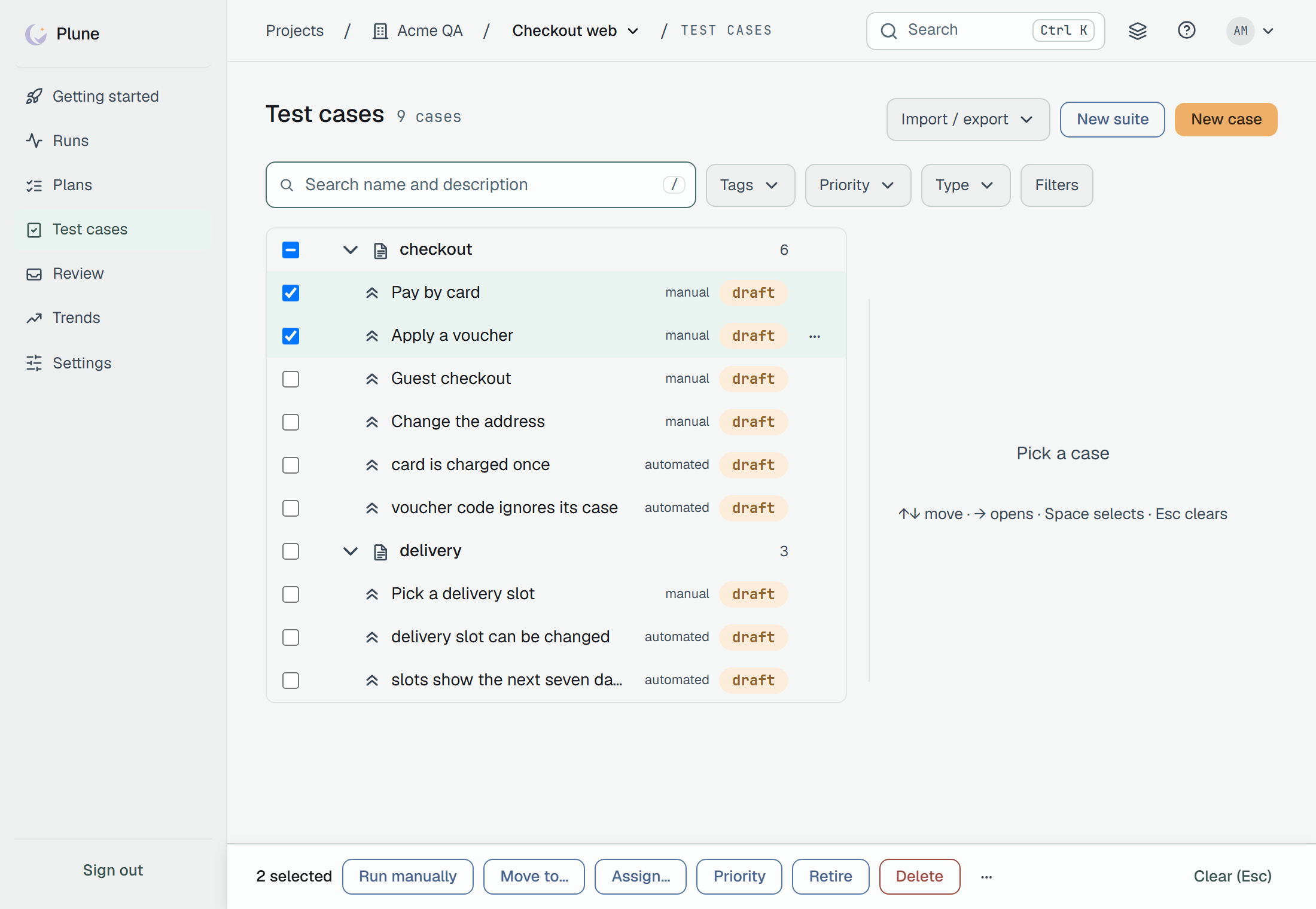 Test cases of Checkout web, 9 cases: the checkout suite, 6, half-ticked, with Pay by card and Apply a voucher picked, then Guest checkout and Change the address, manual, and card is charged once and voucher code ignores its case, automated; the delivery suite, 3 — Pick a delivery slot, manual, delivery slot can be changed and slots show the next seven days, cut short, automated; every case a draft. Beside the tree, Pick a case. On the window's bottom edge the bar: 2 selected, Run manually, Move to…, Assign…, Priority, Retire, Delete, ⋯ and Clear (Esc).