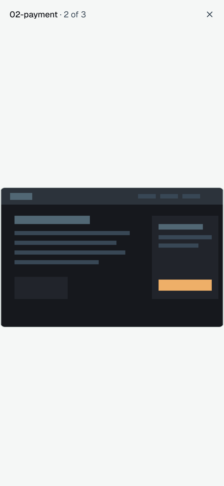 The same screenshot on a phone: the whole screen, 02-payment · 2 of 3 and a close button at its top, the picture across the screen's width.