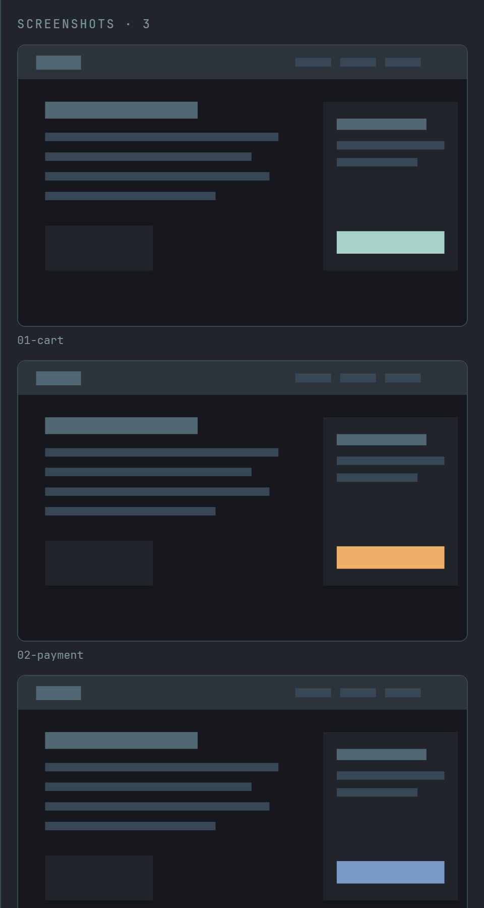 The panel scrolled to Screenshots · 3: three pictures, one under another at the panel's width, named 01-cart, 02-payment and screenshot.