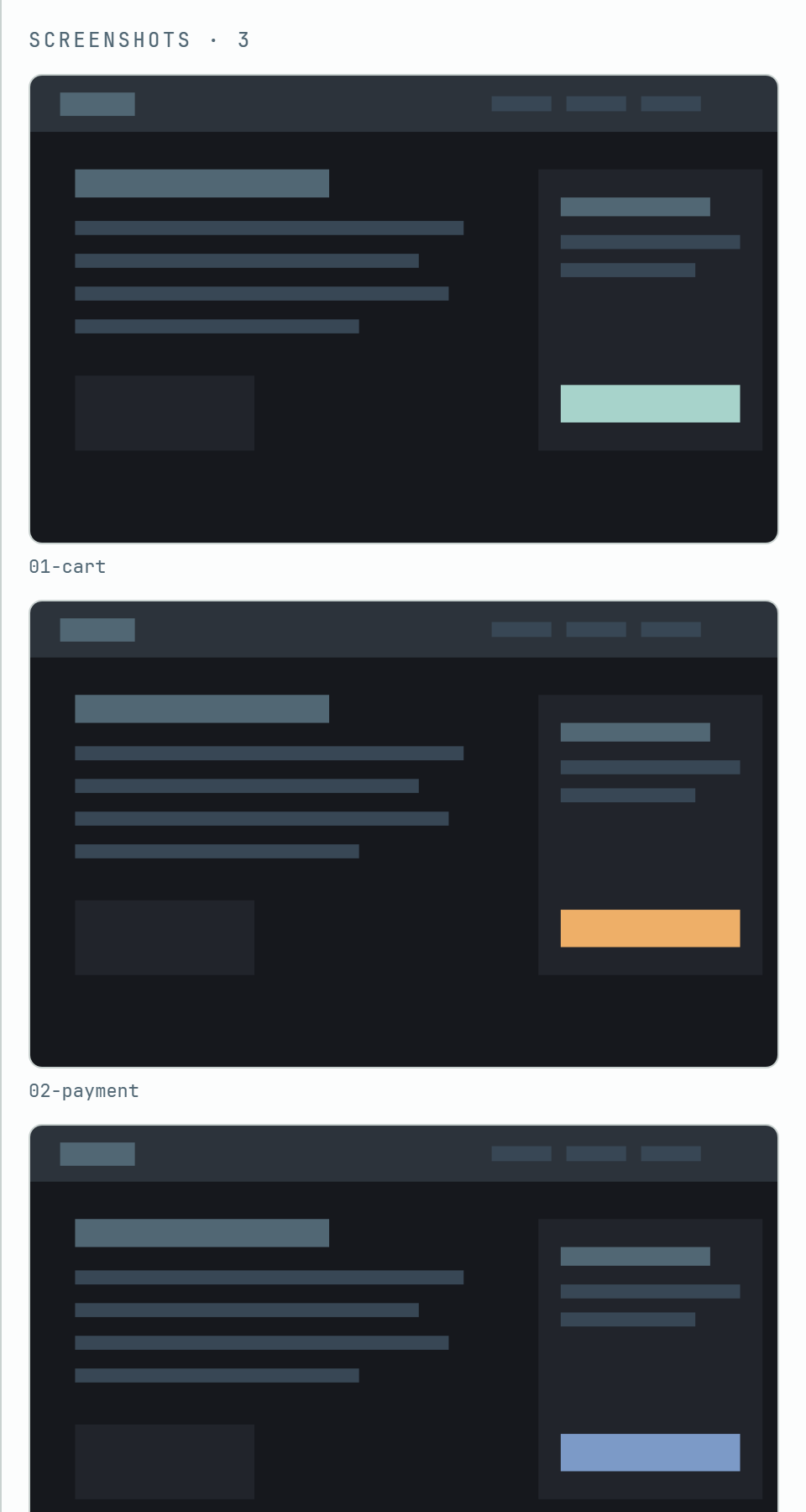 The panel scrolled to Screenshots · 3: three pictures, one under another at the panel's width, named 01-cart, 02-payment and screenshot.