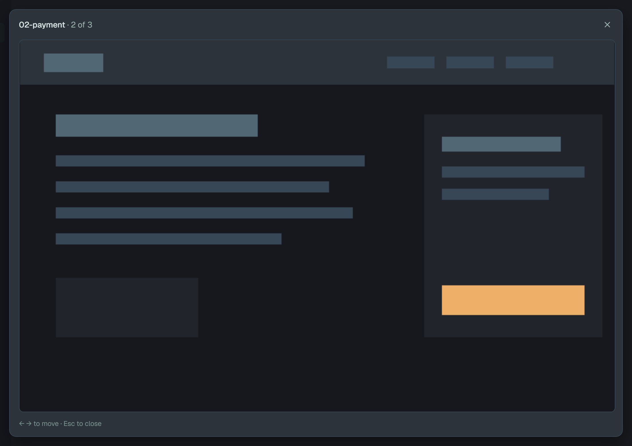 The screenshot 02-payment open large over the run page: 02-payment · 2 of 3 and a close button on top, the picture under them, and ← → to move · Esc to close beneath it.