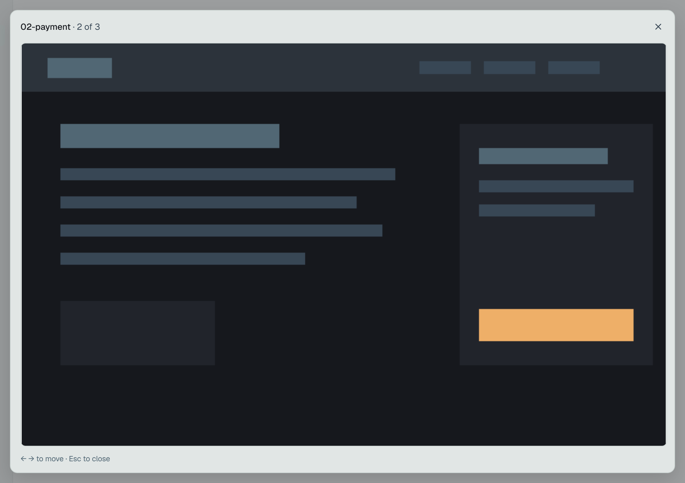 The screenshot 02-payment open large over the run page: 02-payment · 2 of 3 and a close button on top, the picture under them, and ← → to move · Esc to close beneath it.