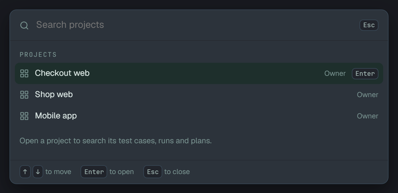 Search open on the Projects page: Checkout web picked, Shop web and Mobile app, each marked Owner, and a line saying that opening a project lets you search its test cases, runs and plans.