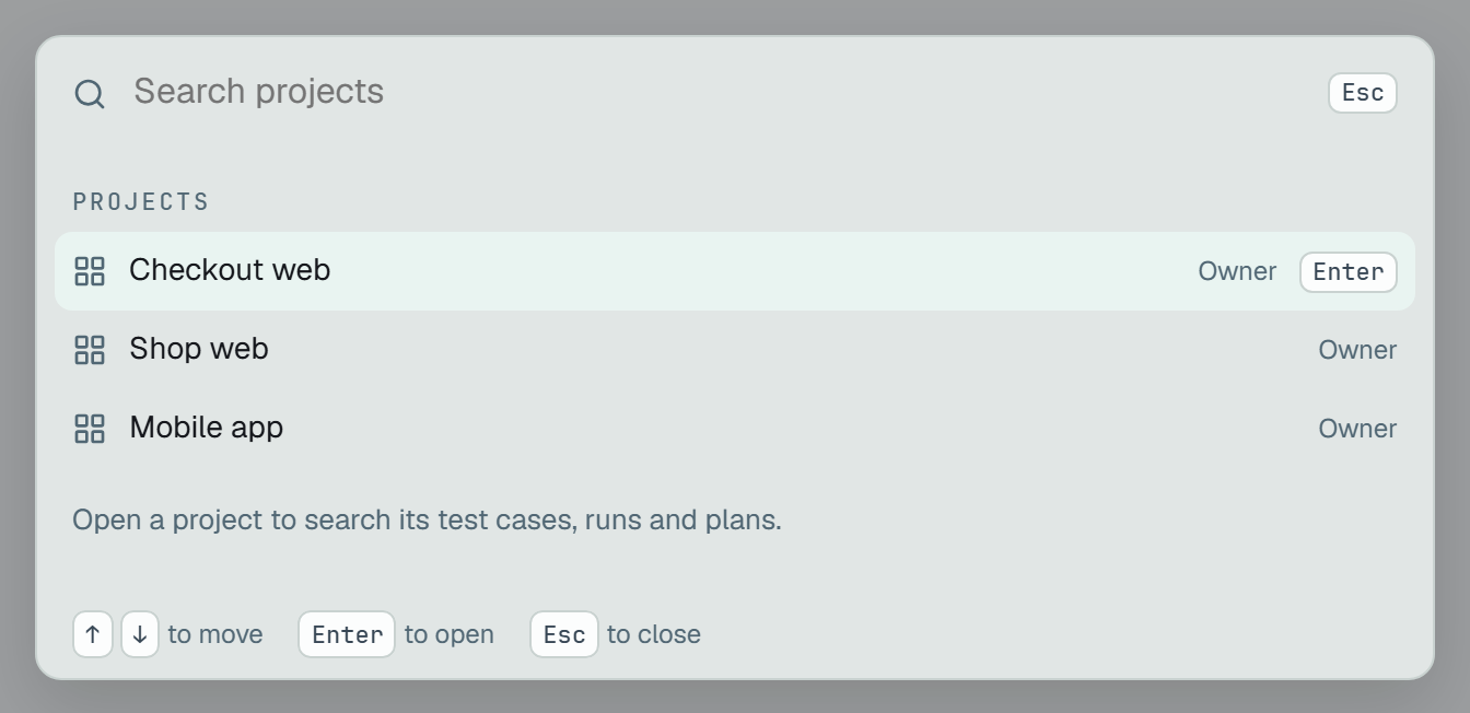 Search open on the Projects page: Checkout web picked, Shop web and Mobile app, each marked Owner, and a line saying that opening a project lets you search its test cases, runs and plans.