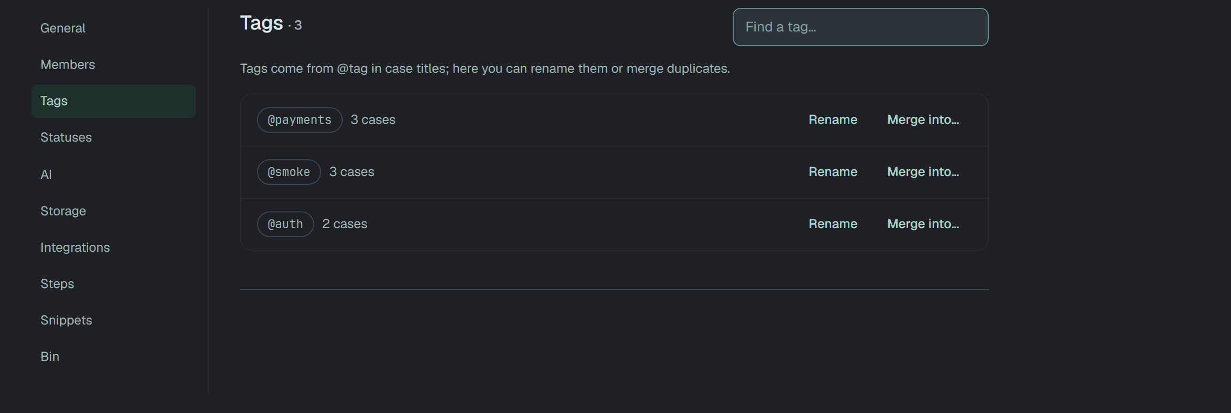 Settings → Tags of Webshop: Tags · 3 with a Find a tag… field; the line Tags come from @tag in case titles; here you can rename them or merge duplicates.; and three rows, @payments 3 cases, @smoke 3 cases and @auth 2 cases, each with Rename and Merge into….