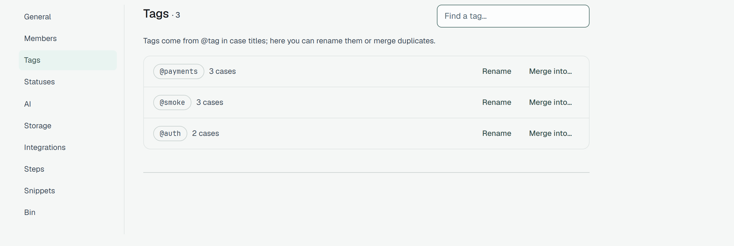 Settings → Tags of Webshop: Tags · 3 with a Find a tag… field; the line Tags come from @tag in case titles; here you can rename them or merge duplicates.; and three rows, @payments 3 cases, @smoke 3 cases and @auth 2 cases, each with Rename and Merge into….