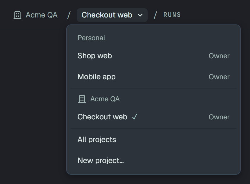 The project switcher open under Checkout web, with Acme QA before it in the bar: under Personal, Shop web and Mobile app; under Acme QA, Checkout web, checked — each marked Owner; below the line, All projects and New project…