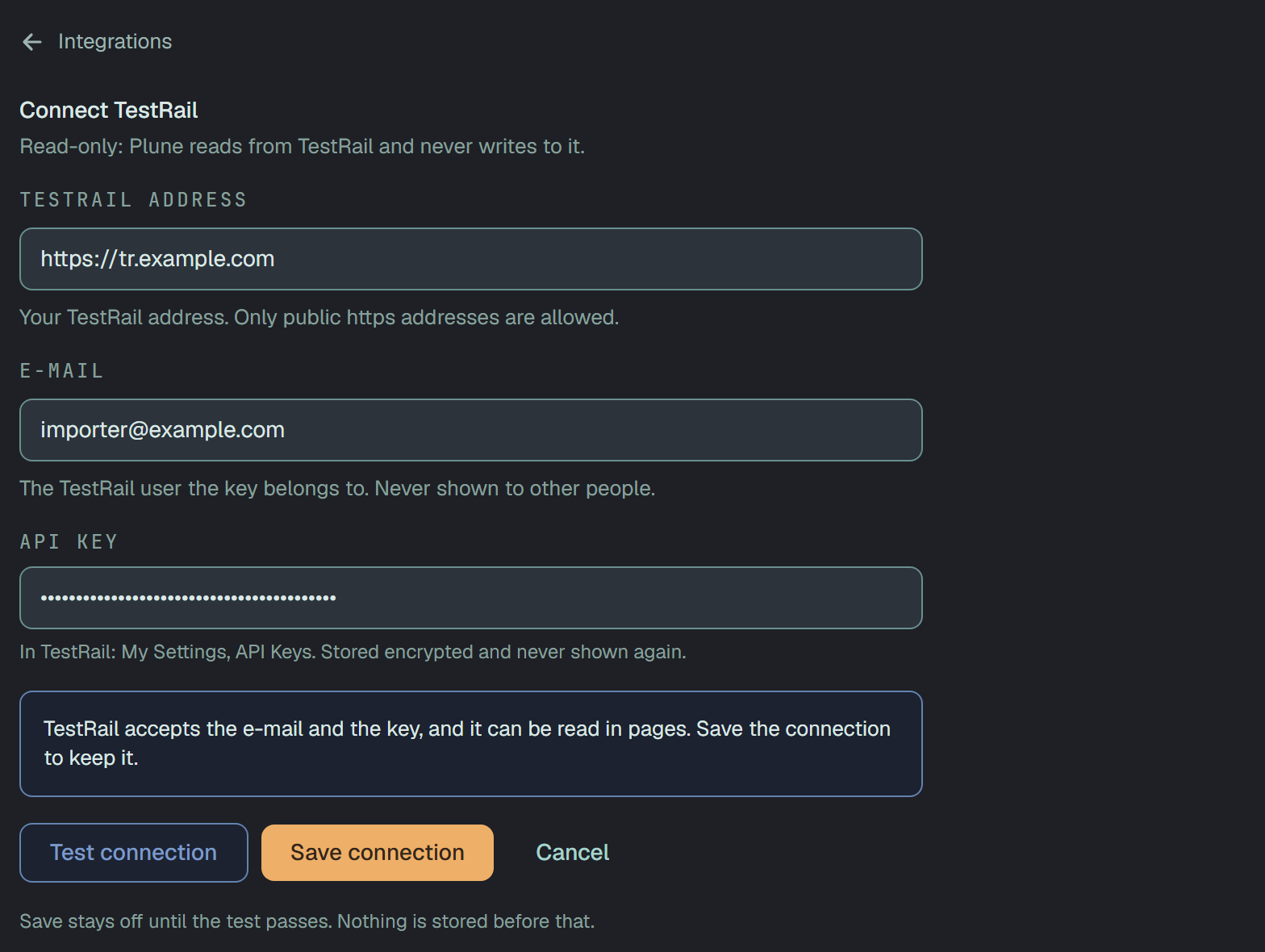 The same form after Test connection: TestRail accepts the e-mail and the key, and it can be read in pages. Save connection is on.