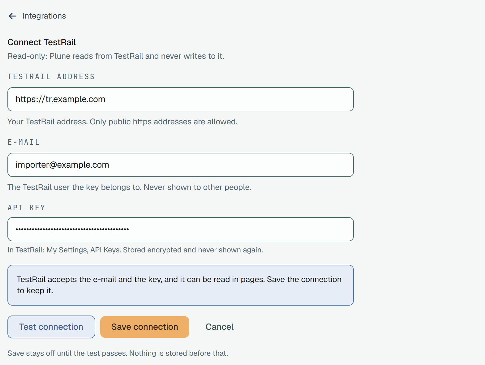 The same form after Test connection: TestRail accepts the e-mail and the key, and it can be read in pages. Save connection is on.