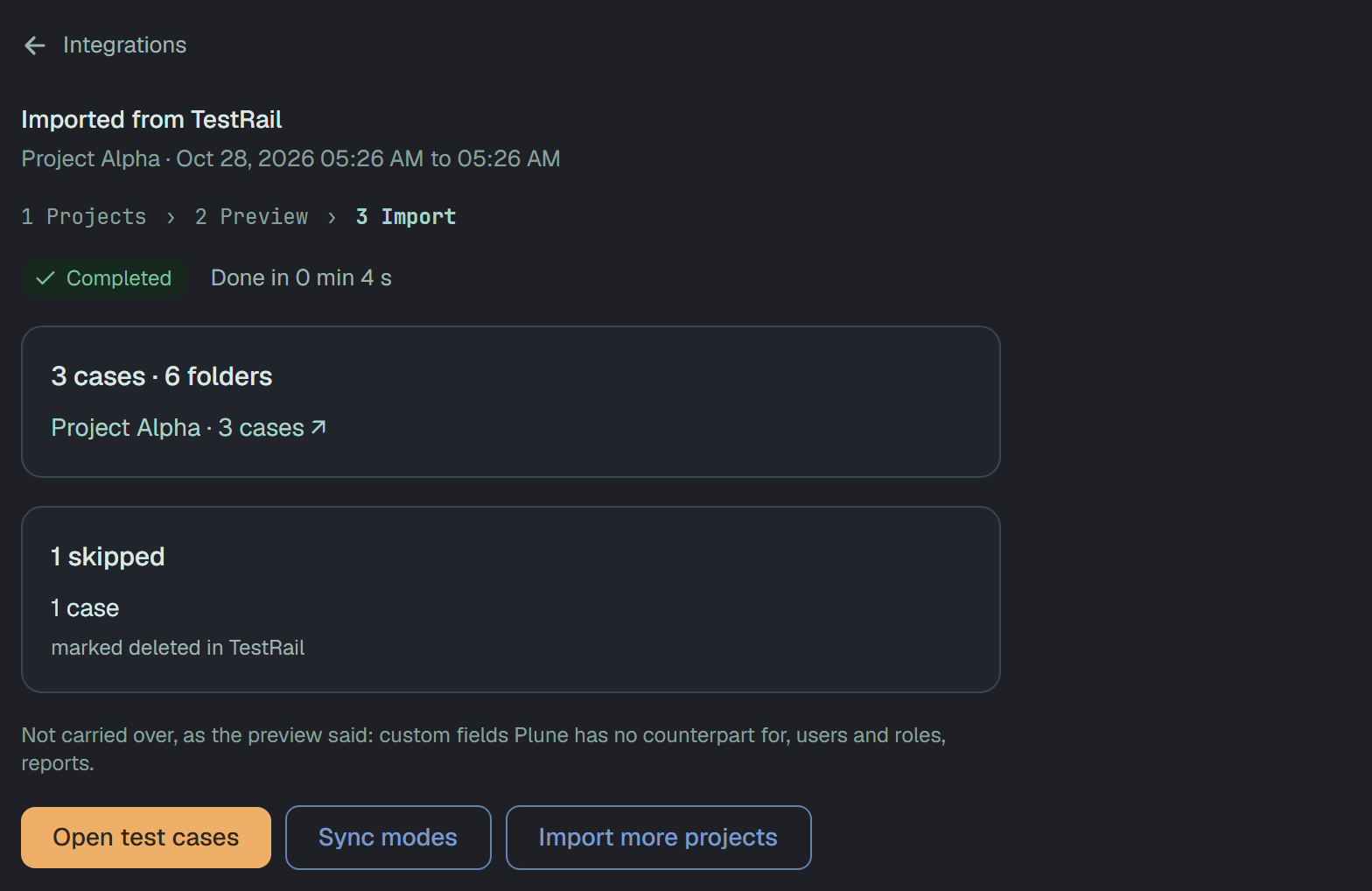 Imported from TestRail: Project Alpha, Completed, done in 0 min 4 s; 3 cases and 6 folders; 1 case skipped, marked deleted in TestRail; what is not carried over; and Open test cases, Sync modes, Import more projects.