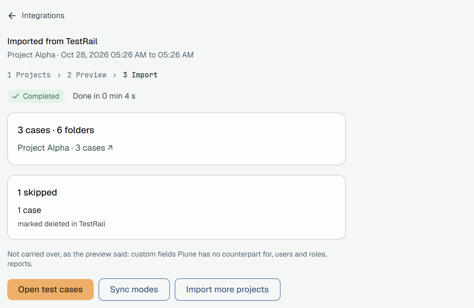 Imported from TestRail: Project Alpha, Completed, done in 0 min 4 s; 3 cases and 6 folders; 1 case skipped, marked deleted in TestRail; what is not carried over; and Open test cases, Sync modes, Import more projects.