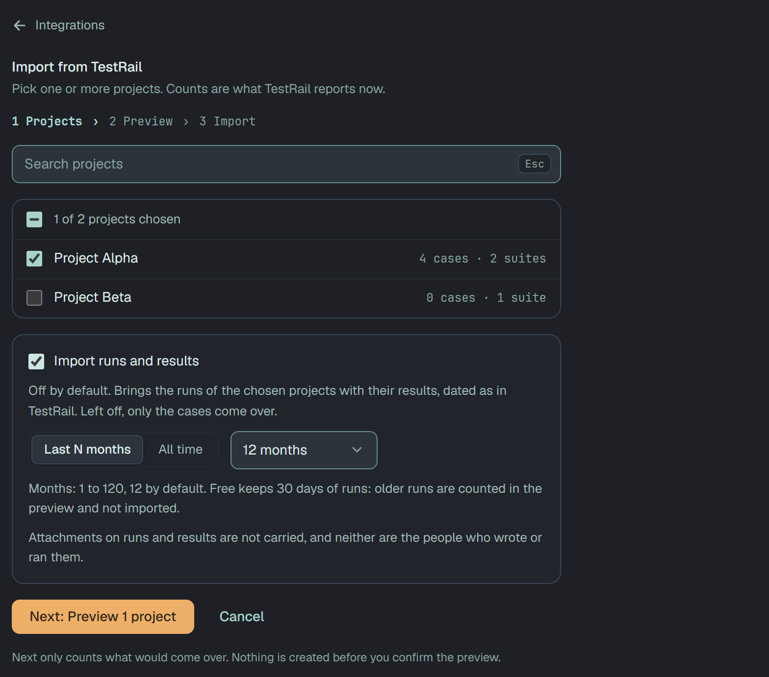 Import from TestRail, step 1 Projects: Project Alpha (4 cases, 2 suites) chosen and Project Beta not; Import runs and results switched on with Last N months and 12 months; the note that Free keeps 30 days of runs; and Next: Preview 1 project.