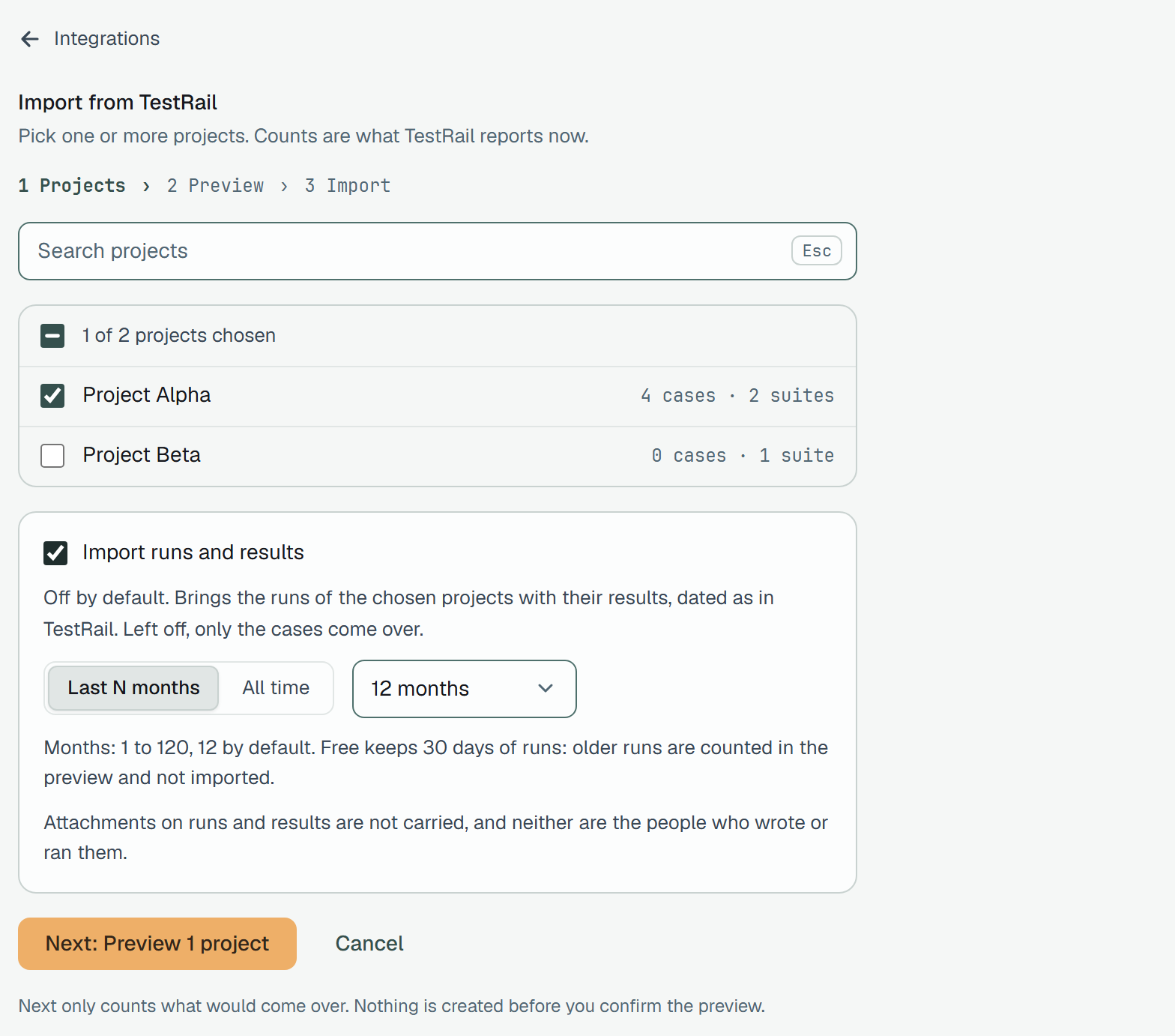 Import from TestRail, step 1 Projects: Project Alpha (4 cases, 2 suites) chosen and Project Beta not; Import runs and results switched on with Last N months and 12 months; the note that Free keeps 30 days of runs; and Next: Preview 1 project.