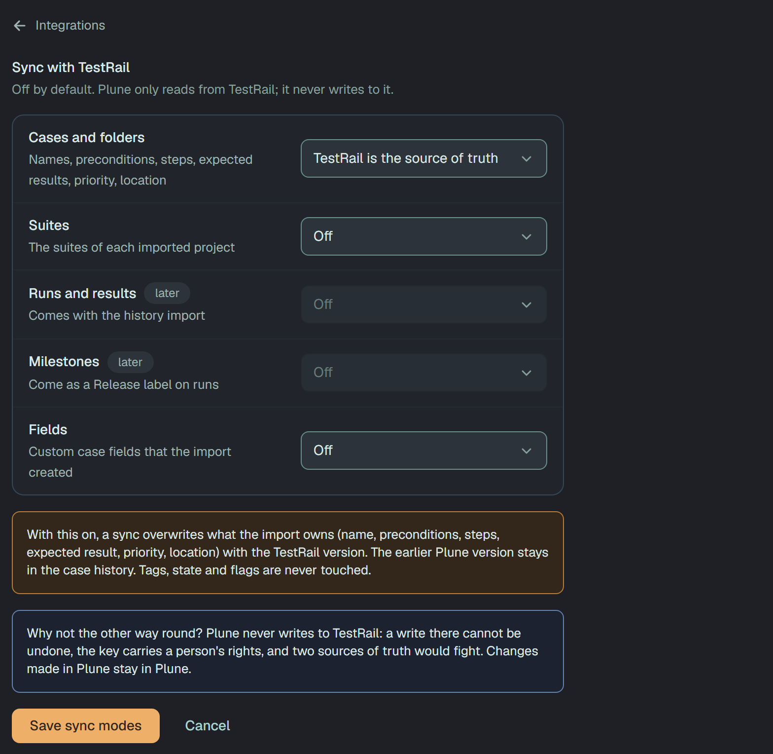 Sync with TestRail, off by default: Cases and folders set to TestRail is the source of truth; Suites and Fields Off; Runs and results and Milestones marked later; the warning that a sync overwrites what the import owns and keeps the earlier Plune version in the case history; and Save sync modes.
