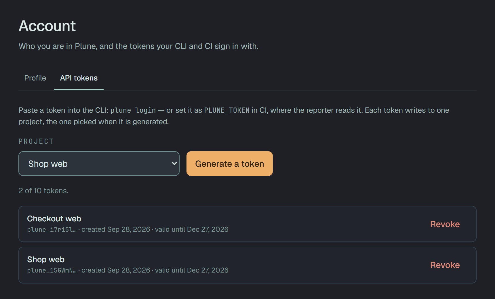Account, API tokens: the Project select, Generate a token, and the tokens listed by the project each writes to, with Revoke.