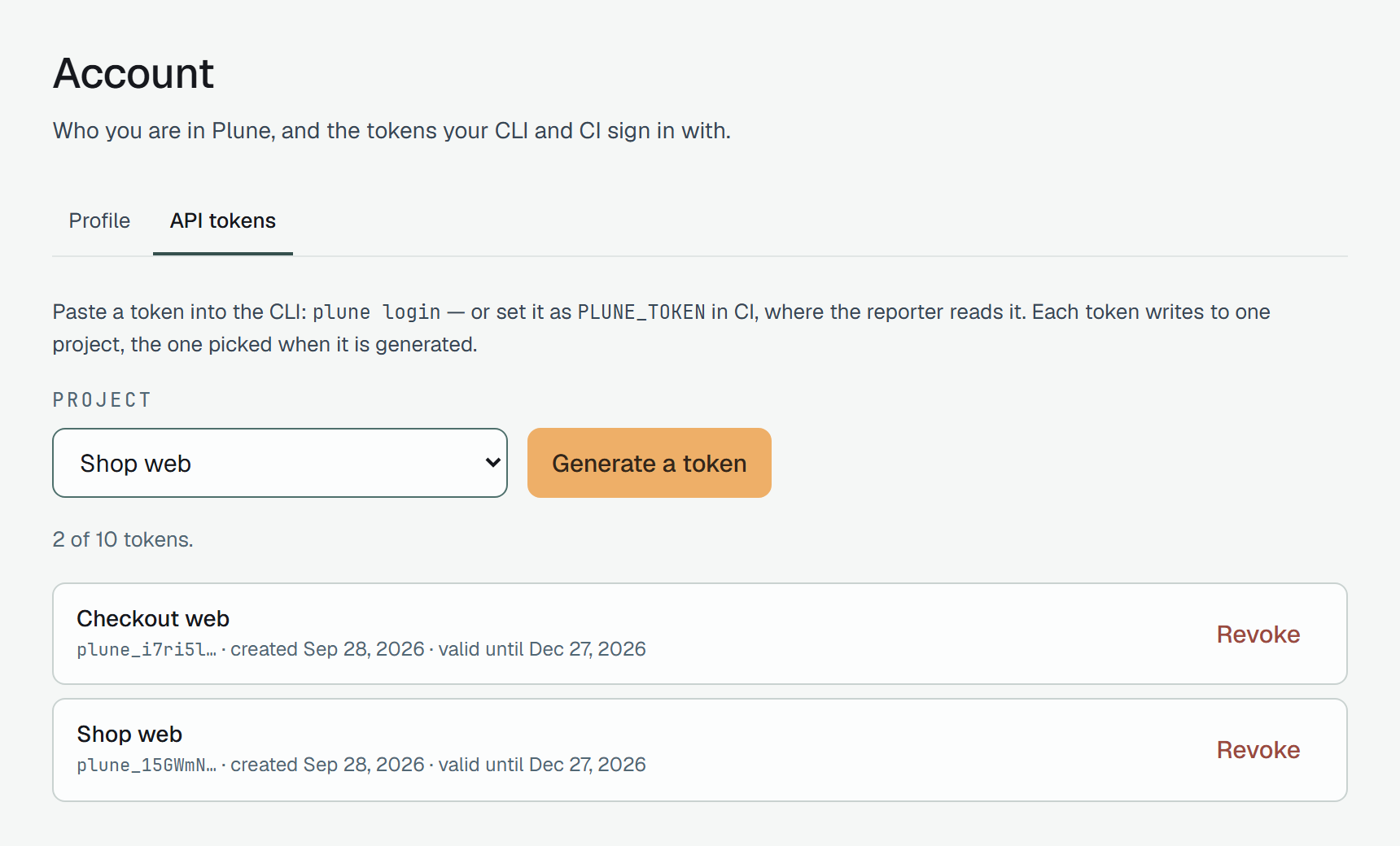 Account, API tokens: the Project select, Generate a token, and the tokens listed by the project each writes to, with Revoke.